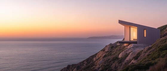 A modern house perched on a cliff, overlooking a serene ocean at sunset, showcasing stunning architecture and breathtaking natural scenery.