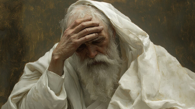 A solemn depiction of faith, featuring an aged, bearded man in a contemplative pose, his hand gently placed on his forehead as if lost in deep prayer