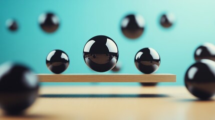 Black spheres levitating above wooden plank against a teal background.