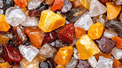 Close-up of colorful gemstones, various shapes and sizes. Background is a mix of different stones. Possible use Decorative design
