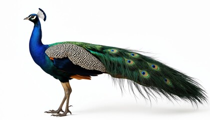 Obraz premium Majestic peacock stands in profile against plain white background. Bird shows iridescent plumage, tail feathers. Tropical avian wildlife fauna beauty. Elegant graceful proud creature display.