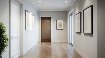 A modern hallway featuring wooden doors, framed artwork, and natural light, creating a serene and inviting atmosphere.