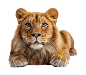 Obraz premium Majestic Lion Resting with Intense Gaze and Luxurious Mane, Isolated on Transparent and White Background