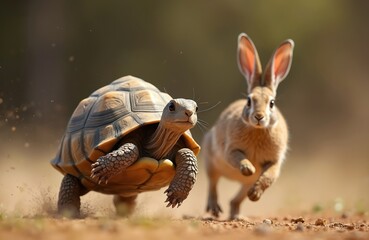 Determined tortoise leads race against surprised hare. Animal competition shows slow, steady speed beat fast pace. Strategy, leadership, planning, triumph over challenge, advantage. Animals run at