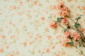 Pink flowers on floral background, flatlay, pastel, spring