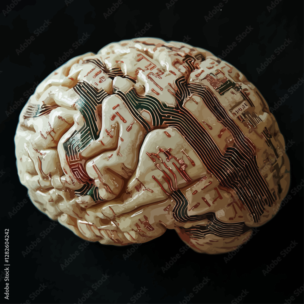 Poster neural network brain model with circuit board patterns on black ground