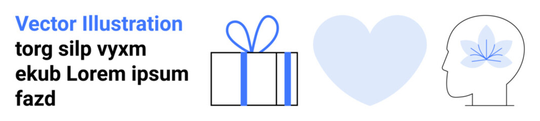 Gift box with a bow, blue heart, and outline of human head with a flower-thumbs up symbol on the brain. Ideal for mental health, mindfulness, well-being, love, care, gift-giving and psychology