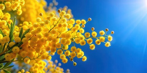 A stunning cluster of bright yellow Australian Golden Wattle flowers blooming in full glory against a blue sky backdrop with a subtle gradient effect, floral arrangement, nature photography