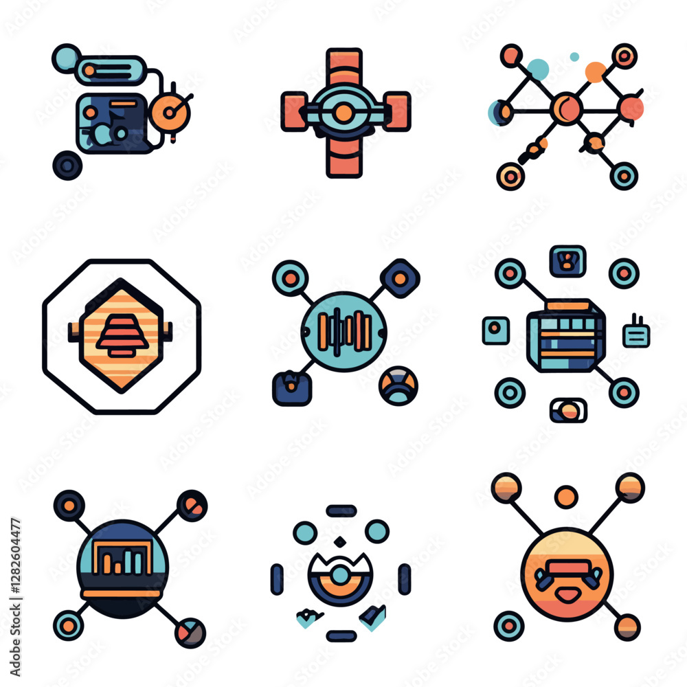 Poster abstract tech icons set - data visualization, artificial intelligence design