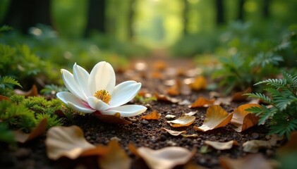 Fallen magnolia leaves and ferns on forest ground, nature, woodland scene