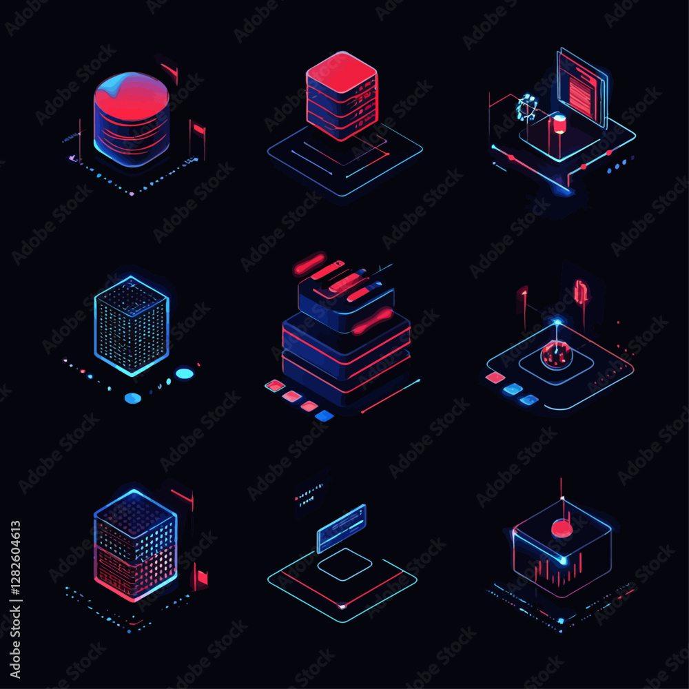 Poster isometric rendering of networked data storage units on a digital grid