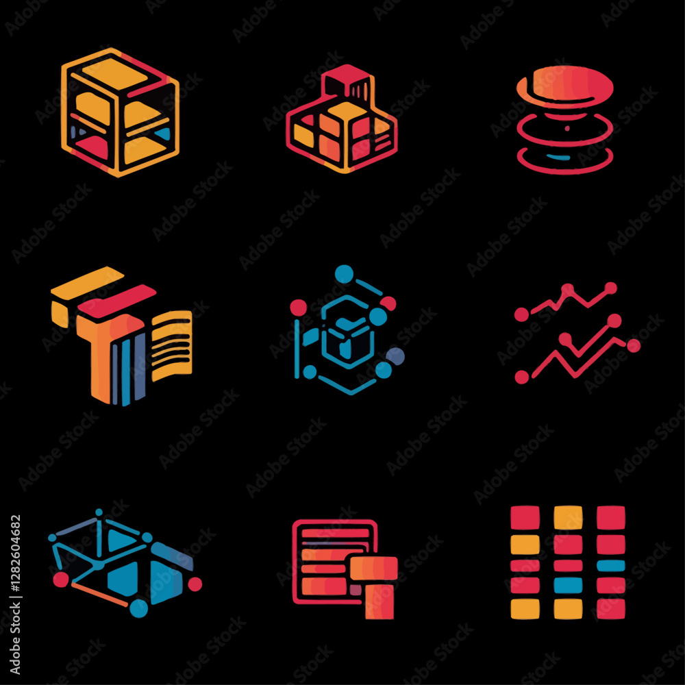 Poster abstract gradient data science icons on a black background illustration