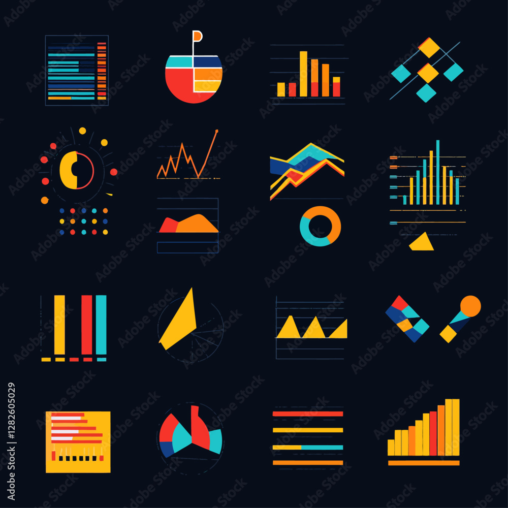 Poster colorful data visualization graphics on dark background - business charts