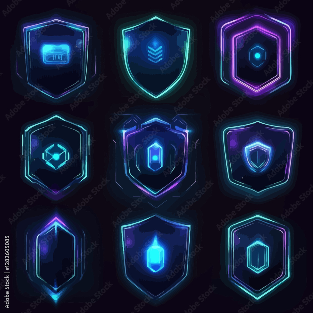 Poster neon illuminated shields emblems security technology badges in dark setting