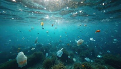 Underwater shot of ocean polluted with plastic bags, microplastics. Sea creatures swim among garbage. Marine wildlife habitat destruction concept with single use plastics trash, debris in blue water.