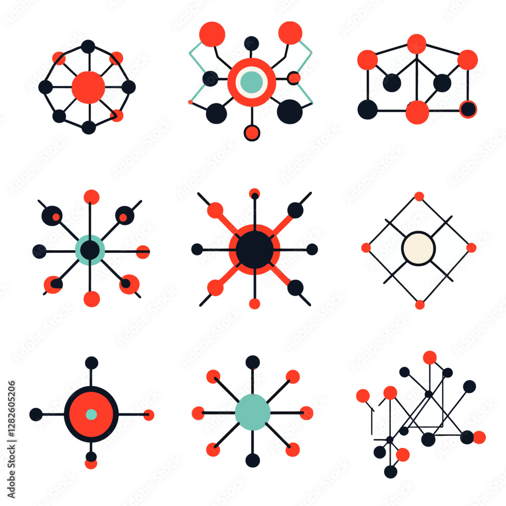 Poster abstract tech network: graphic nodes connecting in a system, teal and red