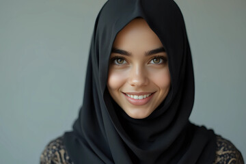 Naklejka premium Portrait of smiling young arabian girl in black hijab looking at camera on light background, widescreen. Beautiful muslim lady