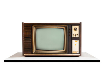 Vintage old television with blank screen on white table isolated over white background, with...