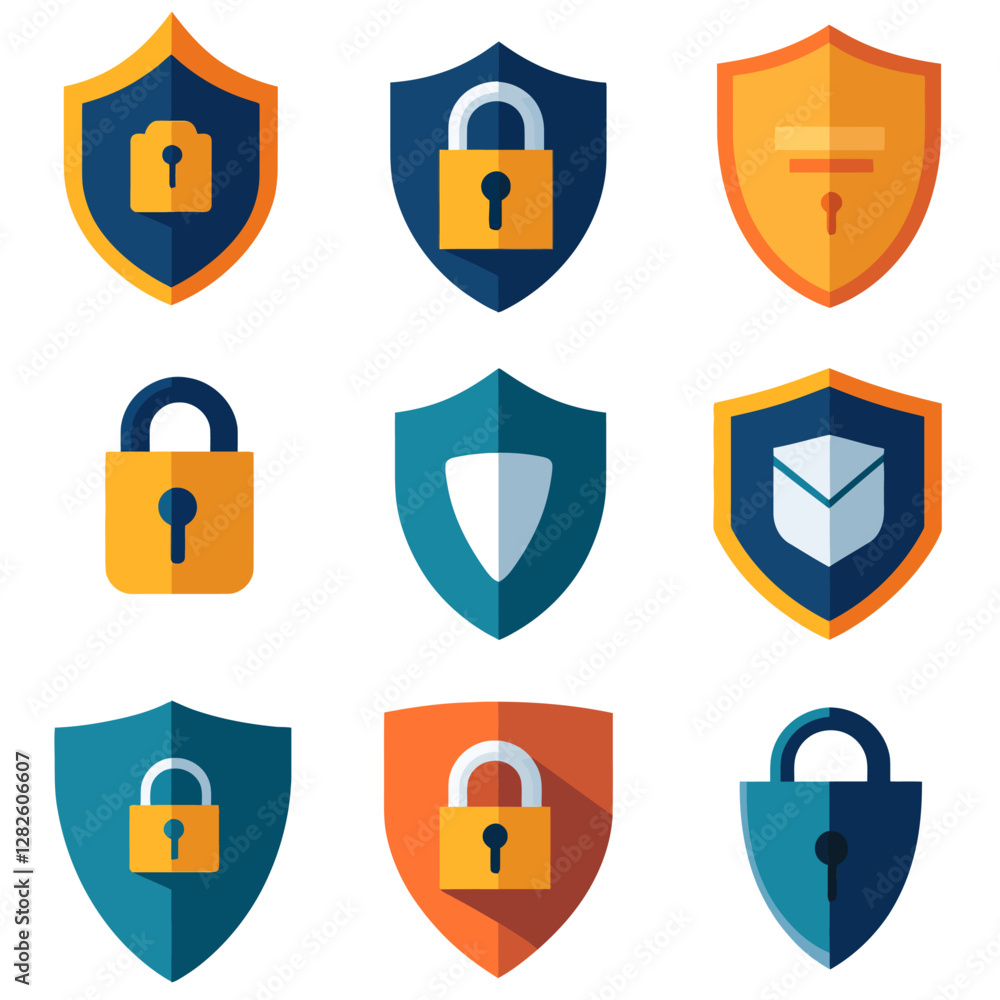 Poster security shields with padlocks icon set security concept data protection