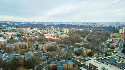 Aerial drone of Fort Lee New Jersey Real Estate Showing NYC Skyline 