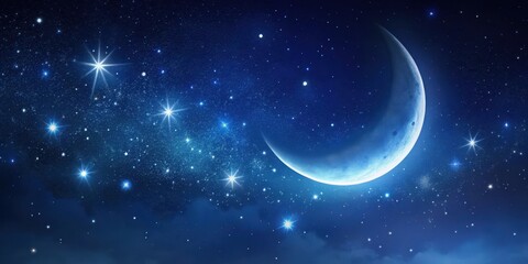 Naklejka premium Moonlit night sky with stars and a bright crescent moon, dark blue background , Dark Blue, Crescent Moon