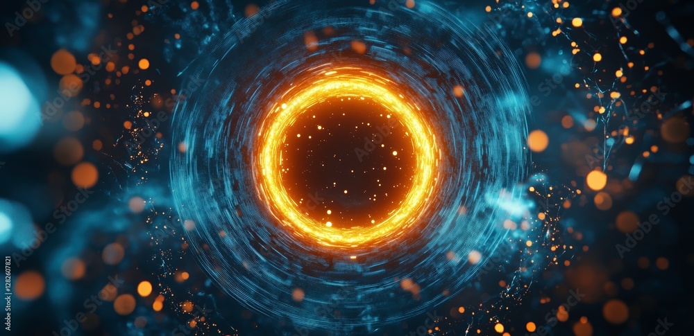 Poster celestial gateway: a mesmerizing view of a radiant, fiery vortex emerges from a deep blue void, surr