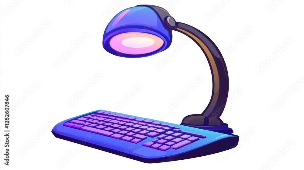 Poster blue desk lamp illuminating a blue keyboard on a white background.