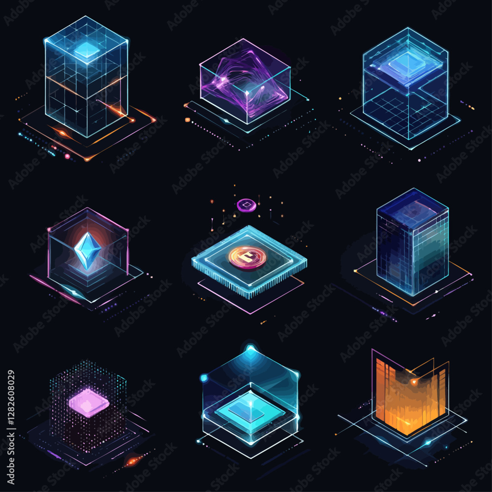 Poster Digital Data Cubes: Futuristic Technology, Abstract Network, Quantum Computing