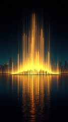 Futuristic nighttime cityscape with golden light beams and reflections on water