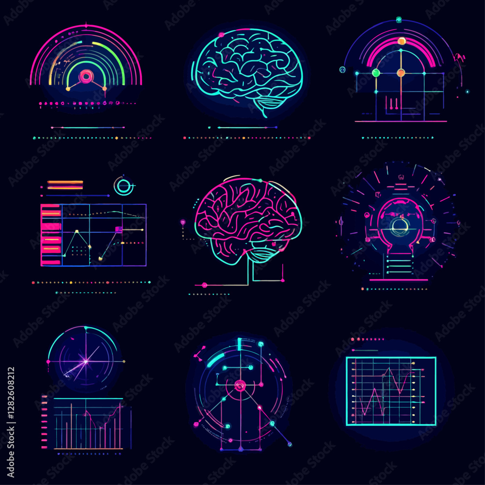 Poster neon brain with data graphics for ai, machine learning, and innovation