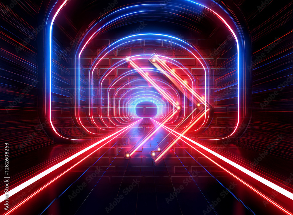 Aufkleber abstract tunnel with vibrant neon lights in red and blue. double exposure effect creates a futuristi