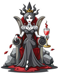 A regal, pale vampire queen, in elaborate gothic attire, dramatically holds a goblet brimming with crimson blood.  Intense gaze.