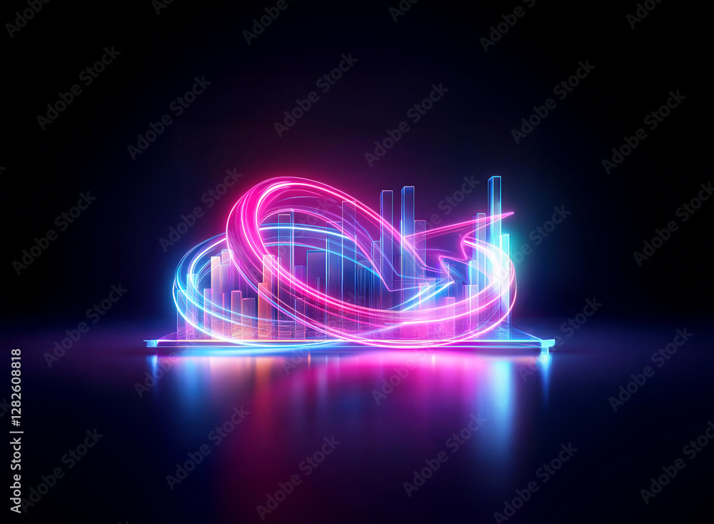 Poster vibrant neon light trails swirl around abstract bars in a double exposure effect, creating a futuris