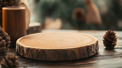 Obraz premium wooden plate serves as rustic background, surrounded by pine cones and wooden cup, creating warm and inviting atmosphere