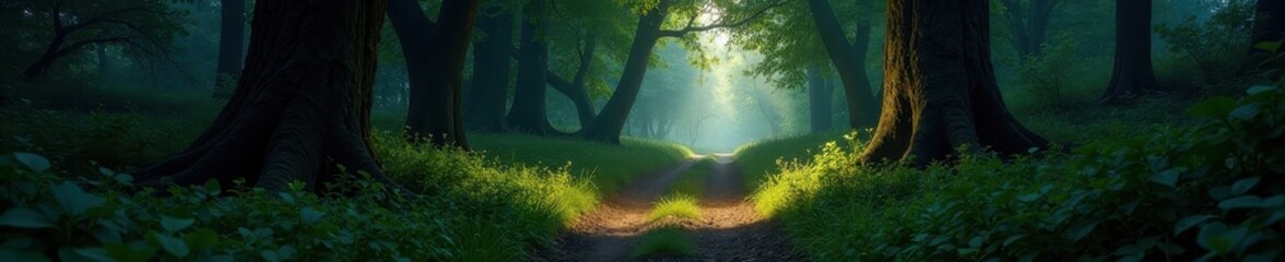 Fototapeta premium Dim light illuminates overgrown path, ancient trees loom , night, mystery