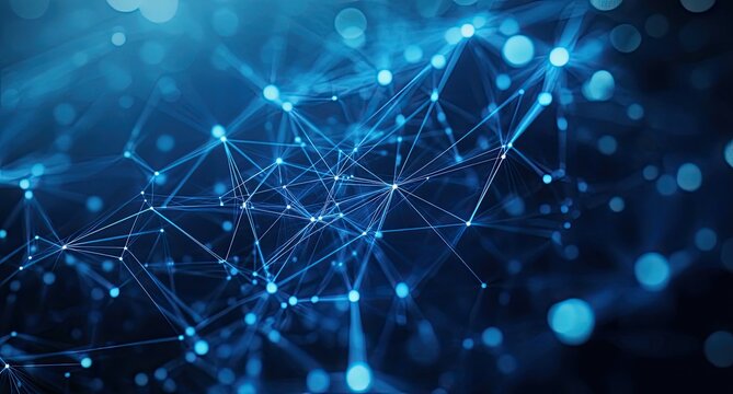 Abstract blue network connection, digital data flow, glowing background, technology concept