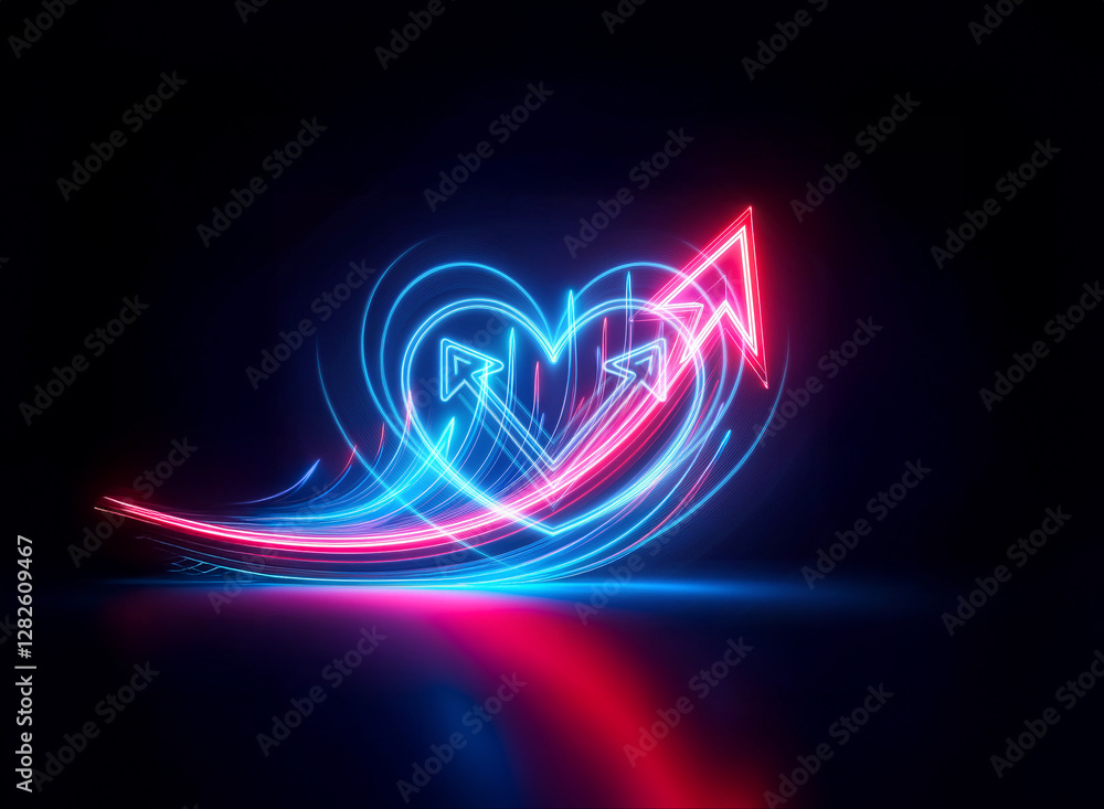 Poster double exposure of neon heart and arrow trails. bright blue and red glowing lines create a dynamic, 