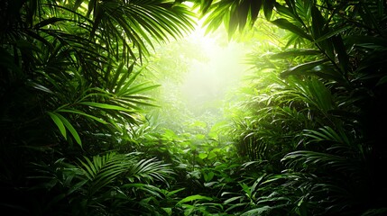 Lush Green Tropical Jungle with Sunlight Dappled Through Leaves