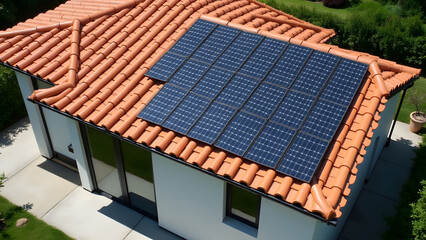 A house facade with solar panels on a ceramic roof. The modern design and seamless integration highlight the blend of traditional roofing and solar energy.