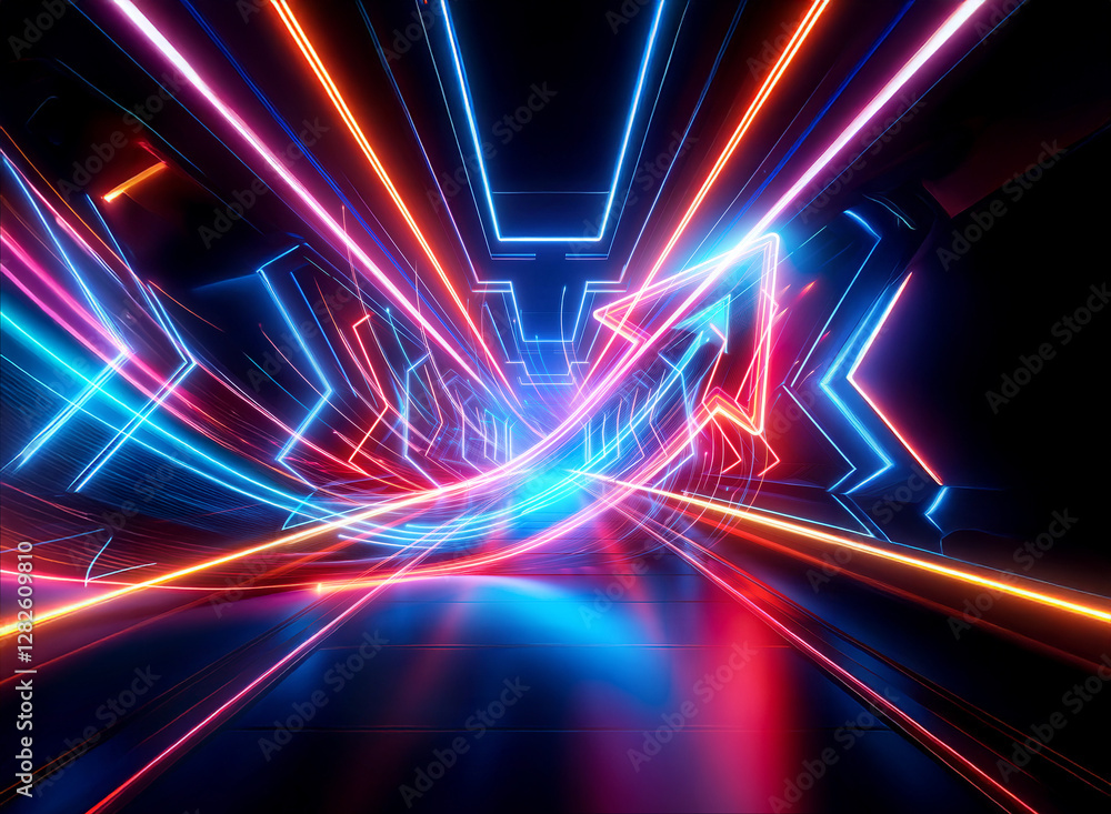Poster vibrant neon lights create a dynamic double exposure effect, illuminating a futuristic tunnel with c
