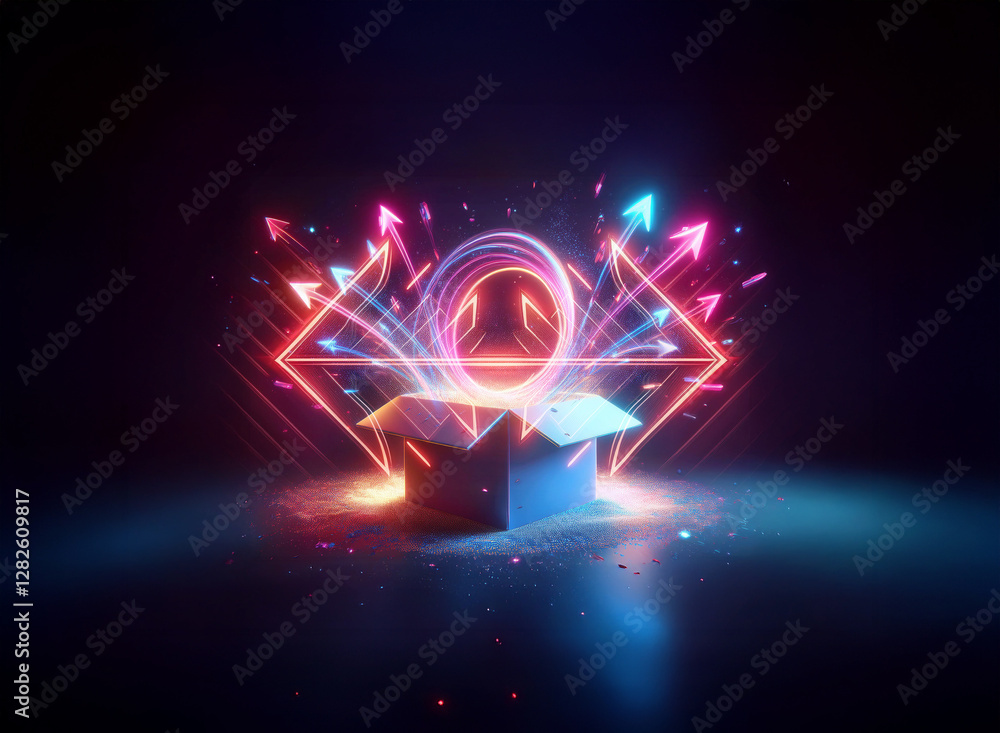 Poster a neon vortex and arrows burst from an open box in a double exposure effect, illuminating the dark s