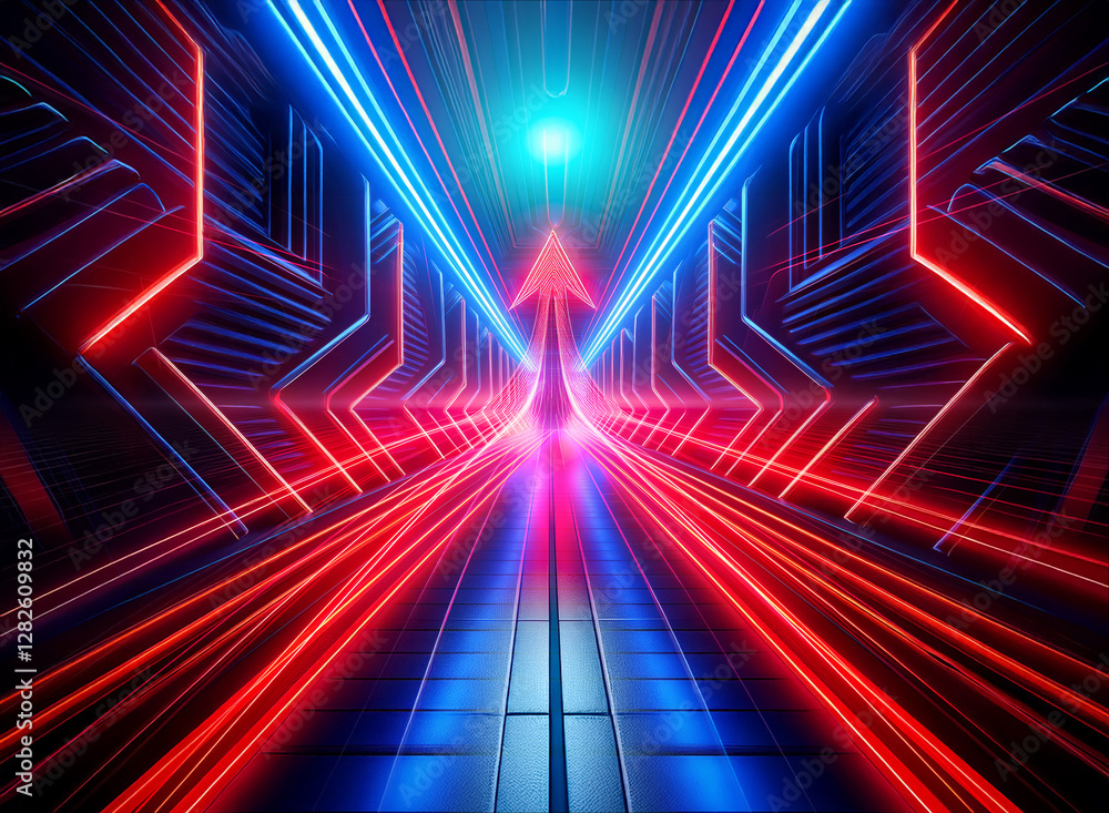 Aufkleber abstract tunnel with red and blue neon lights creating a double exposure effect and leading to a bri