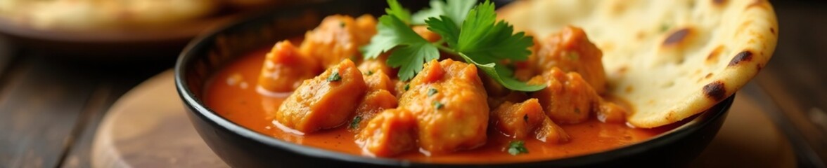 Spicy Chicken Tikka Masala garnished with fresh cilantro, curry, naan bread, hot