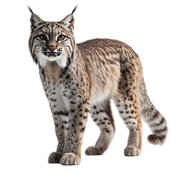 A bobcat standing on a white background, displaying its spotted fur and ear tufts.