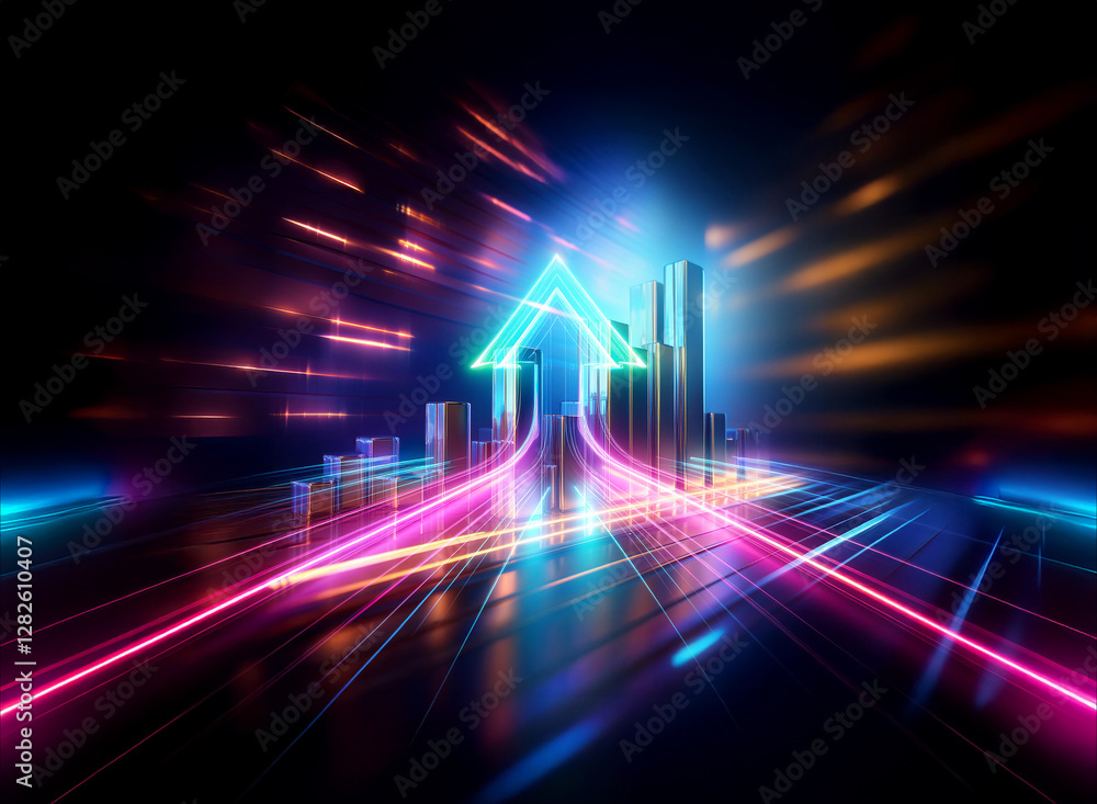 Poster futuristic cityscape with glowing arrow and vibrant light trails creates a double exposure effect of