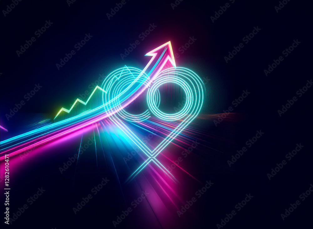 Poster vibrant neon arrow and circular shapes create a dynamic abstract design with a double exposure effec