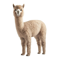Fototapeta premium A fluffy alpaca with soft beige fur standing in a neutral studio background.