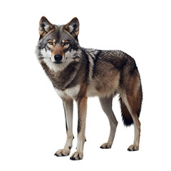 Obraz premium A lone wolf standing tall with piercing eyes in a natural setting.