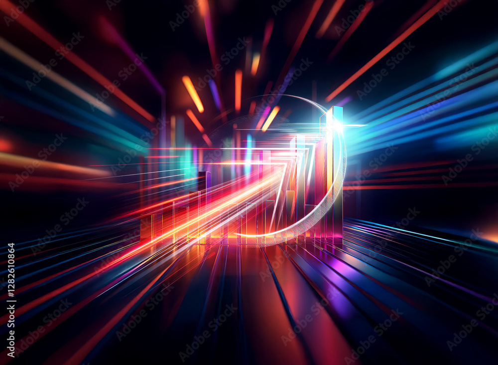 Poster abstract double exposure art with vibrant light streaks converging towards a curved arrow, creating 