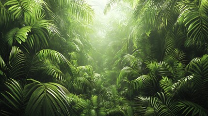 Fototapeta premium Lush Green Tropical Jungle with Sunlight Streaming Through Dense Foliage